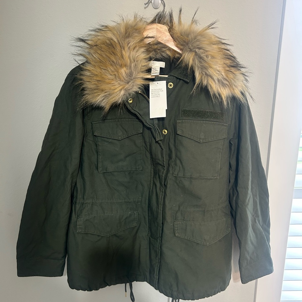 H&M Green Jacket with Faux Fur Collar
